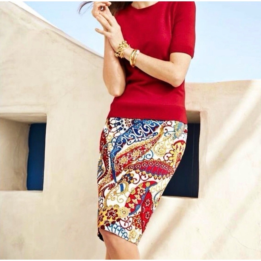 Talbots Paisley Pencil Skirt 14P Multicolor Red Blue Yellow Preppy Boho Straight